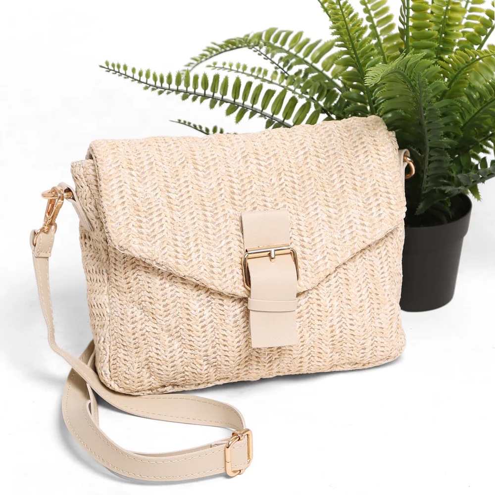 Woven Straw Crossbody Bag in Beige - Lightweight Summer Shoulder Bag